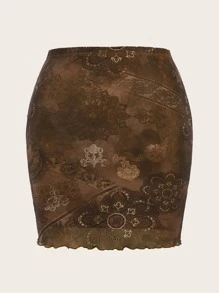 ROMWE PUNK Plus Lettuce Trim Floral Print Skirt - Brown - View 2