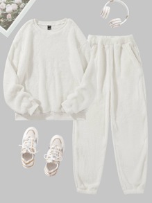 SHEIN LUNE Pullover teddy unicolor con pantalones - Beis - Ver 1