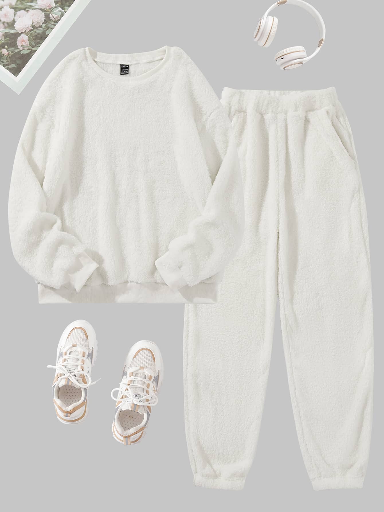 SHEIN LUNE Pullover teddy unicolor con pantalones - Beis - Ver 1