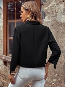 SHEIN LUNE 青果領捲邊袖開門襟西裝外套 - 黑色 - 查看 2
