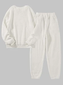 SHEIN LUNE Pullover teddy unicolor con pantalones - Beis - Ver 2