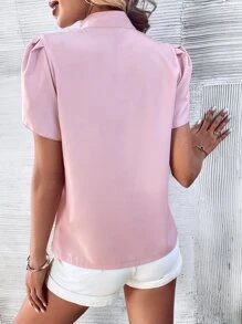 Chiquease Solid Petal Sleeve Notched Neck Blouse - Pink - View 2