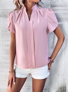 Chiquease Solid Petal Sleeve Notched Neck Blouse - Pink - View 3