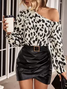 SHEIN Clasi Áo cổ lệch in họa tiết toàn thân một bên vai - Màu be - Xem 6