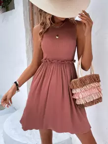 SHEIN LUNE Solid Frill Trim Sleeveless A-line Dress