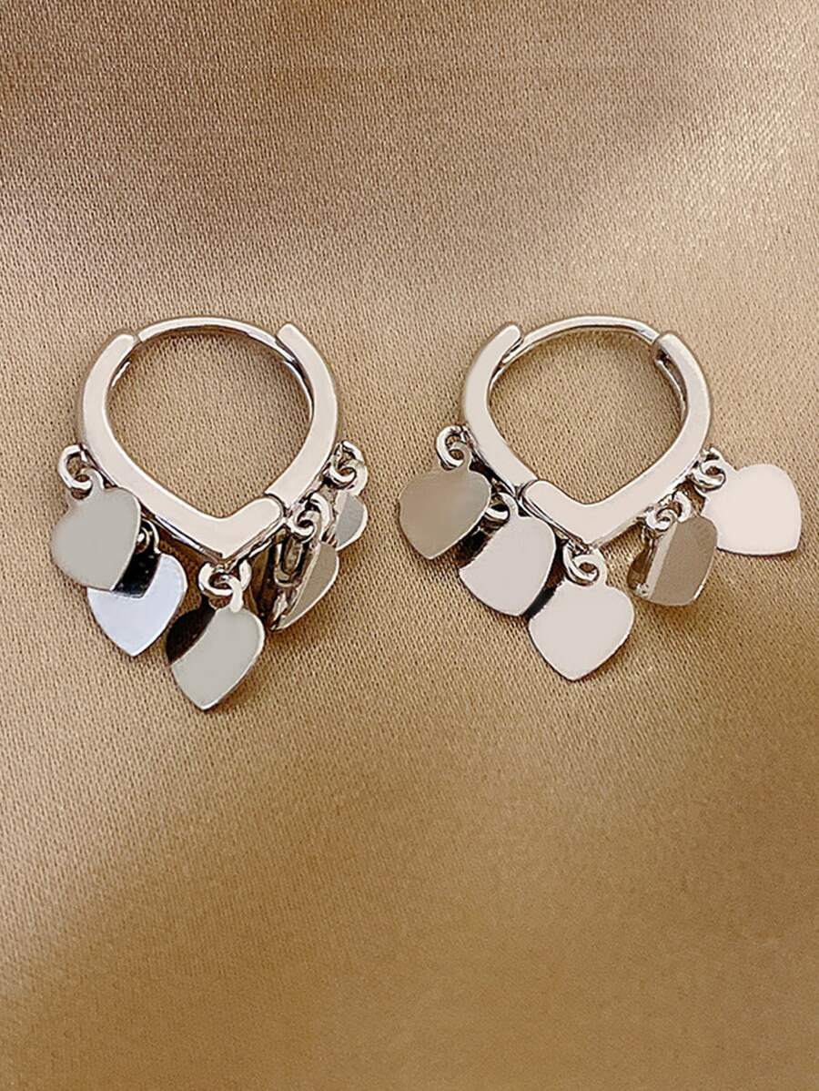 Heart Drop Earrings Valentines - Silver - View 1