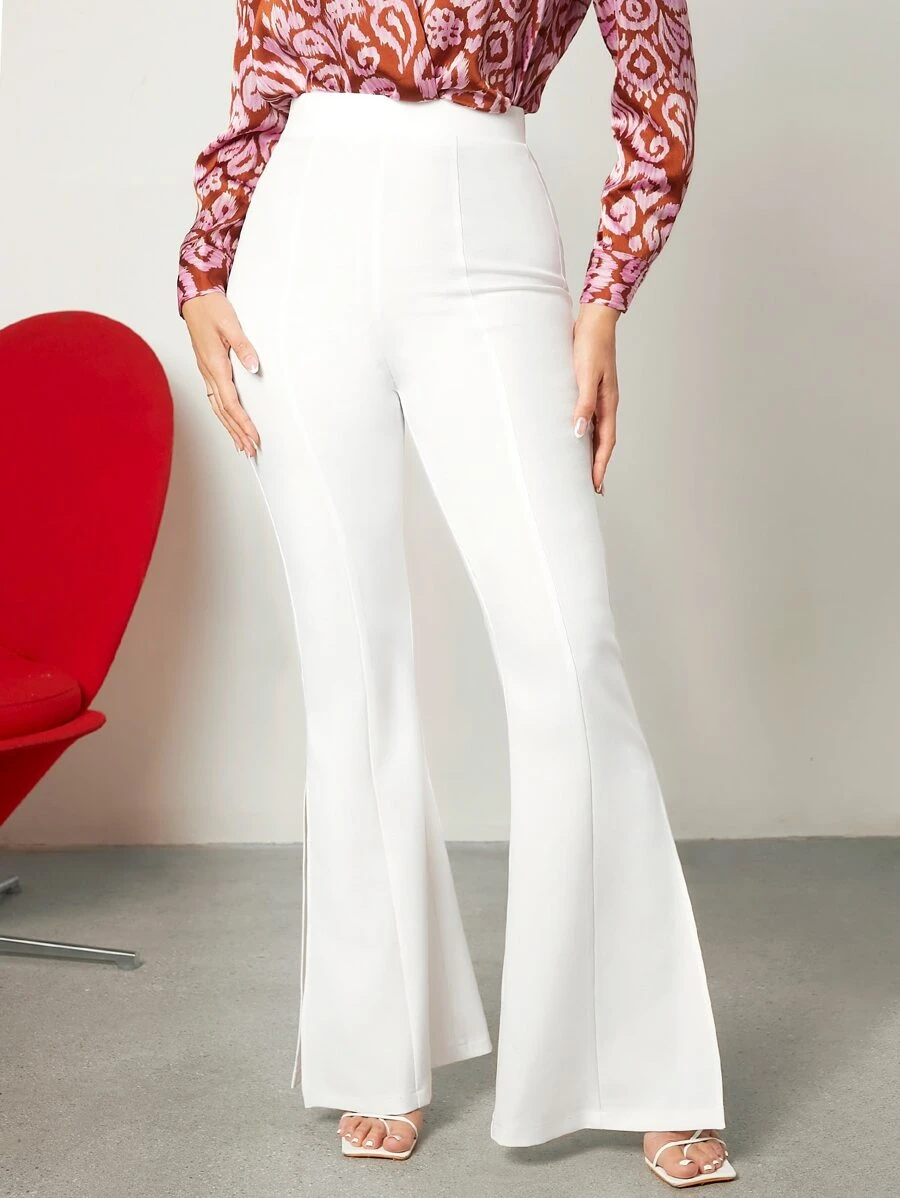BizChic High Waist Split Hem Flare Leg Trousers - White - View 1