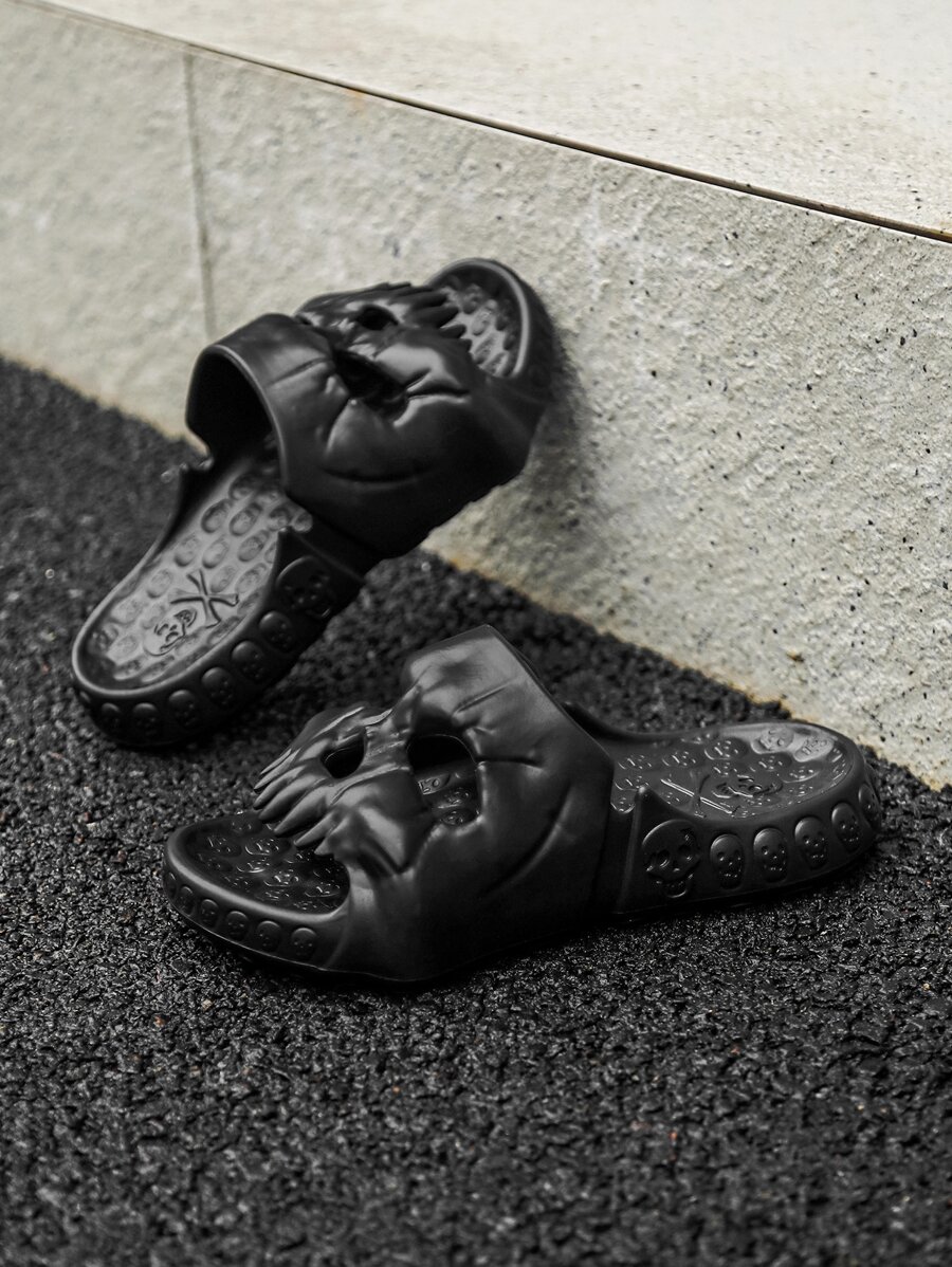 Cool Black Slippers For Men, Skull Design Single Band Slides - Black - View 1