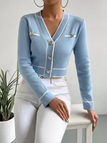 SHEIN Frenchy White Cardigan Contrast Binding Button Front Cardigan,Long Sleeve Tops In Fall/Winter - Dusty Blue - View 3