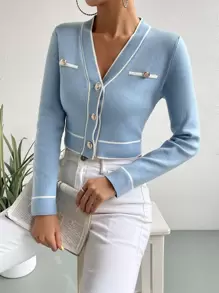 SHEIN Frenchy White Cardigan Contrast Binding Button Front Cardigan,Long Sleeve Tops In Fall/Winter - Dusty Blue - View 4