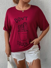 SHEIN LUNE 加上标语和仙人掌印花落肩 T 恤图案 T 恤女式上衣 - 酒紅色 - 查看 3