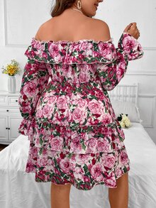 SHEIN Holidaya Vestido con estampado floral de hombros descubiertos de manga con volante de dos capas bajo - Multicolor - Ver 2
