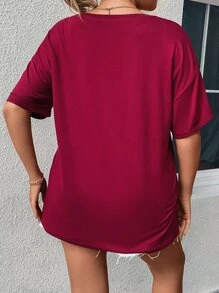 SHEIN LUNE 加上标语和仙人掌印花落肩 T 恤图案 T 恤女式上衣 - 酒紅色 - 查看 4