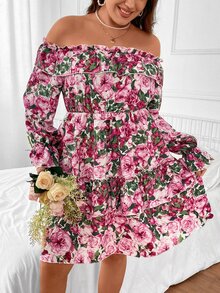 SHEIN Holidaya Vestido con estampado floral de hombros descubiertos de manga con volante de dos capas bajo - Multicolor - Ver 3
