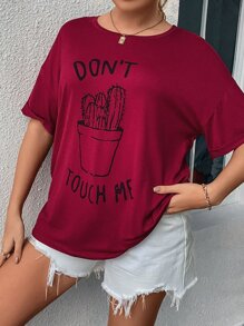 SHEIN LUNE 加上标语和仙人掌印花落肩 T 恤图案 T 恤女式上衣 - 酒紅色 - 查看 2