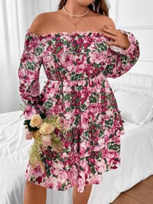 SHEIN Holidaya Vestido con estampado floral de hombros descubiertos de manga con volante de dos capas bajo - Multicolor - Ver 5