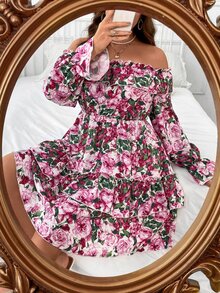 SHEIN Holidaya Vestido con estampado floral de hombros descubiertos de manga con volante de dos capas bajo - Multicolor - Ver 6