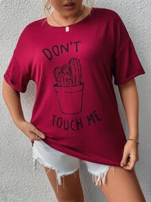 SHEIN LUNE 加上标语和仙人掌印花落肩 T 恤图案 T 恤女式上衣 - 酒紅色 - 查看 6