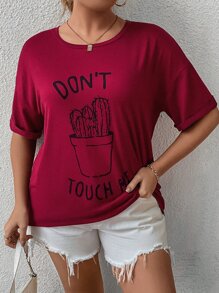 SHEIN LUNE 加上标语和仙人掌印花落肩 T 恤图案 T 恤女式上衣 - 酒紅色 - 查看 7