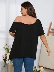 SHEIN LUNE Plus Heart Print Asymmetrical Neck Tee - Black - View 2