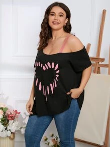 SHEIN LUNE Plus Heart Print Asymmetrical Neck Tee - Black - View 4