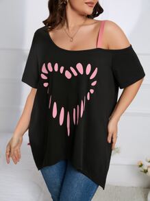 SHEIN LUNE Plus Heart Print Asymmetrical Neck Tee - Black - View 5