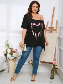 SHEIN LUNE Plus Heart Print Asymmetrical Neck Tee - Black - View 6