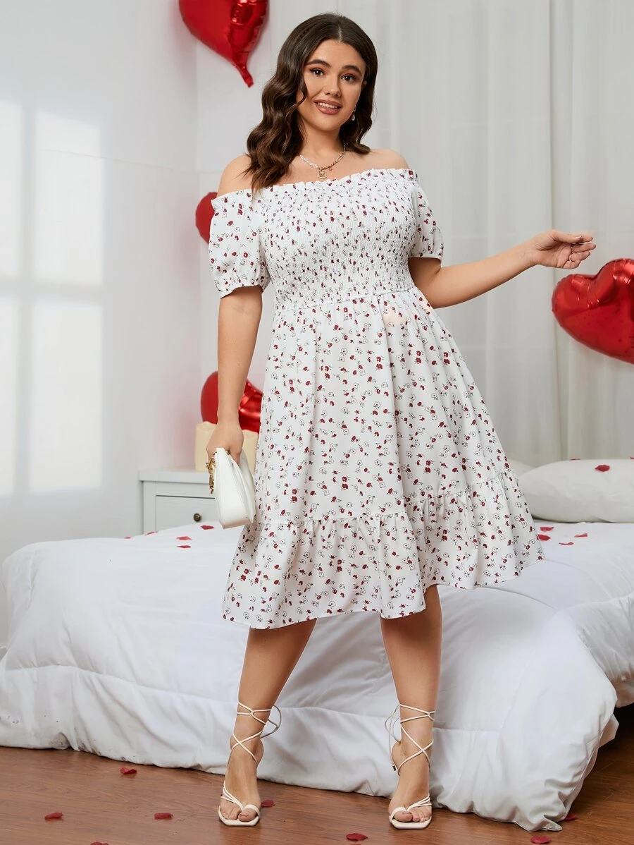 SHEIN Clasi Vestido con estampado de corazón de confeti de hombros descubiertos bajo con fruncido - Multicolor - Ver 1