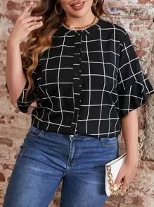 SHEIN LUNE Plus Grid Print Flounce Sleeve Blouse - Black - View 1