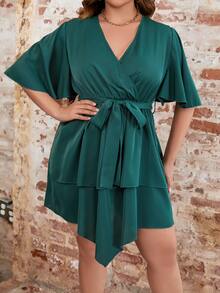 SHEIN LUNE Plus Butterfly Sleeve Two Layer Hem Belted Dress - Dark Green - View 4