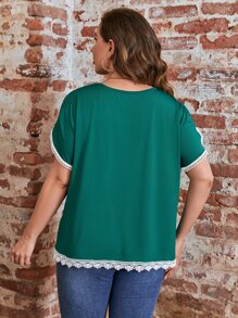 SHEIN LUNE Plus Contrast Lace Petal Sleeve V Neck Tee - Dark Green - View 2