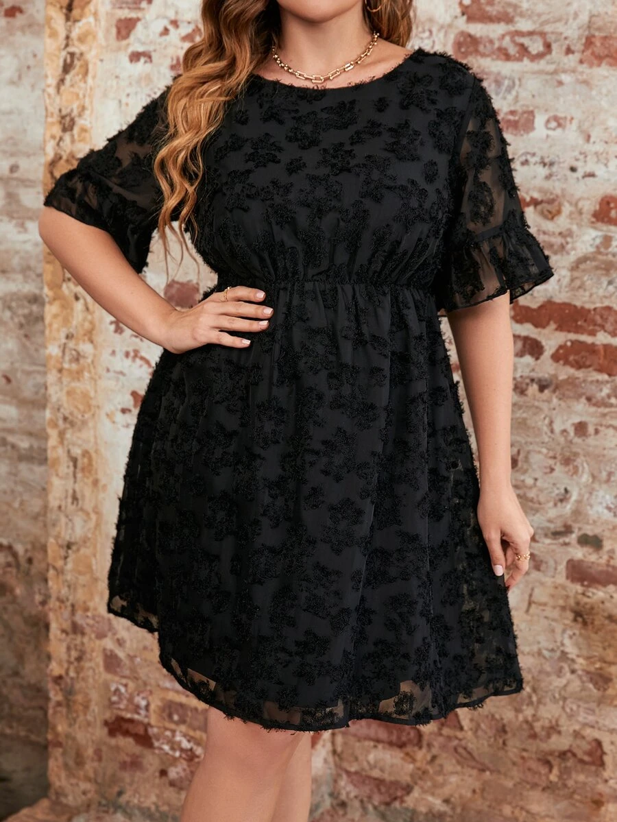 SHEIN LUNE Plus Appliques A-line Dress - Black - View 1