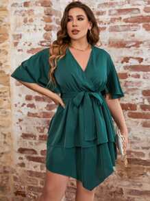 SHEIN LUNE Plus Butterfly Sleeve Two Layer Hem Belted Dress - Dark Green - View 3
