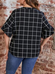 SHEIN LUNE Plus Grid Print Flounce Sleeve Blouse - Black - View 2