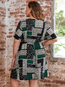 SHEIN LUNE Plus Patchwork Print Tie Neck Butterfly Sleeve Dress - Multicolor - View 2