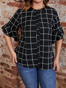 SHEIN LUNE Plus Grid Print Flounce Sleeve Blouse - Black - View 3