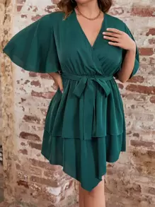 SHEIN LUNE Plus Butterfly Sleeve Two Layer Hem Belted Dress - Dark Green - View 1