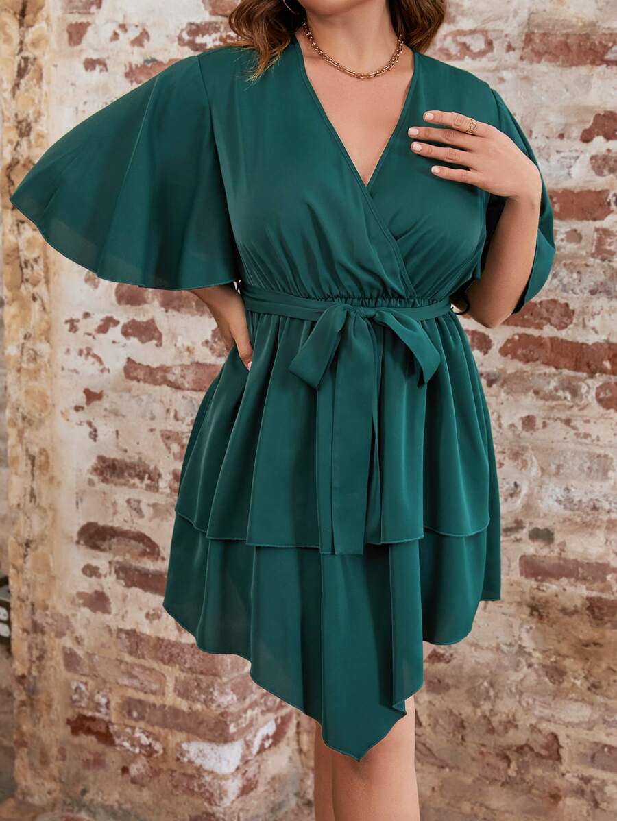 SHEIN LUNE Plus Butterfly Sleeve Two Layer Hem Belted Dress - Dark Green - View 1