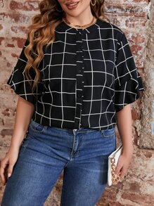 SHEIN LUNE Plus Grid Print Flounce Sleeve Blouse - Black - View 4