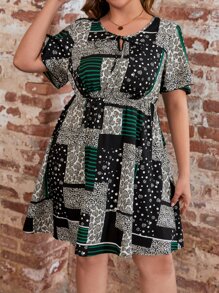 SHEIN LUNE Plus Patchwork Print Tie Neck Butterfly Sleeve Dress - Multicolor - View 3