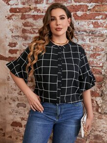 SHEIN LUNE Plus Grid Print Flounce Sleeve Blouse - Black - View 5