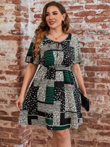 SHEIN LUNE Plus Patchwork Print Tie Neck Butterfly Sleeve Dress - Multicolor - View 6
