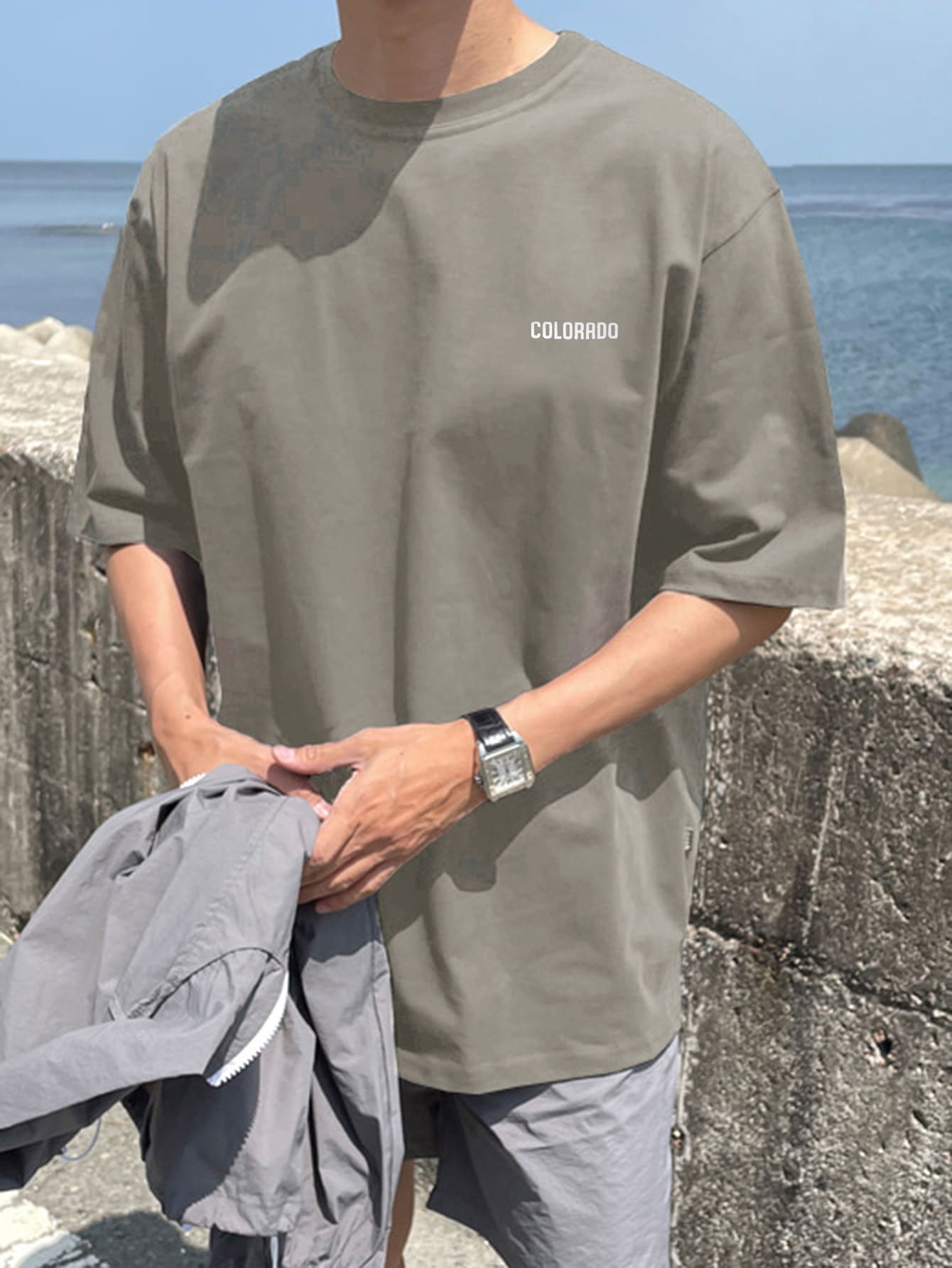 DAZY Men Cotton Letter Graphic Drop Shoulder Tee,Fall Clothes - Army Green - View 1