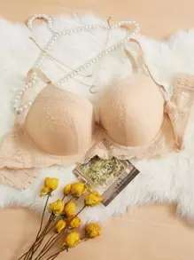 Áo Ngực & Áo Ngực Không Dây Kích Thước Lớn Tương phản ren màu trơn - Màu be - Xem 1