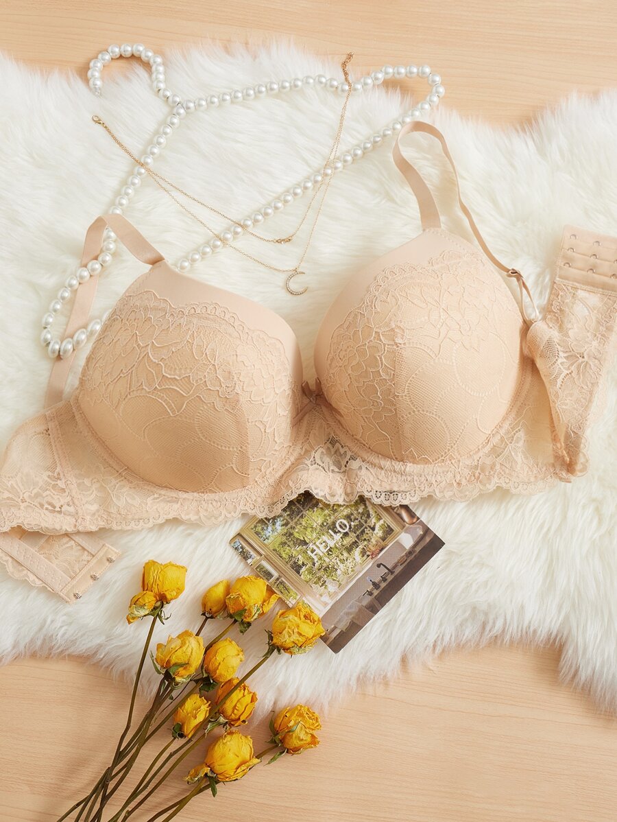 Áo Ngực & Áo Ngực Không Dây Kích Thước Lớn Tương phản ren màu trơn - Màu be - Xem 1