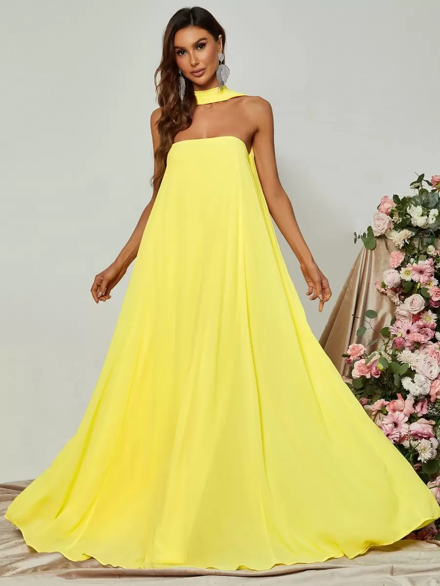 Faeriesty Sophisticated Off-The-Shoulder A-Line Evening Gown With Choker Neckline & Flowing Silhouette – Ideal For Black-Tie Galas, Formal Dinners, Award Ceremonies, Charity Balls, And Red-Carpet Events,Bridesmaid Dress - Yellow - View 1