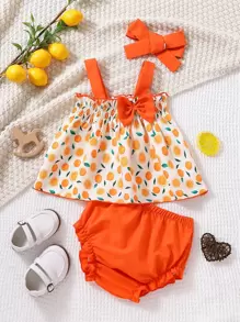 SHEIN Baby Girl Lemon Print Bow Front Cami Top & Frill Trim Shorts & Headband - Multicolor - View 1