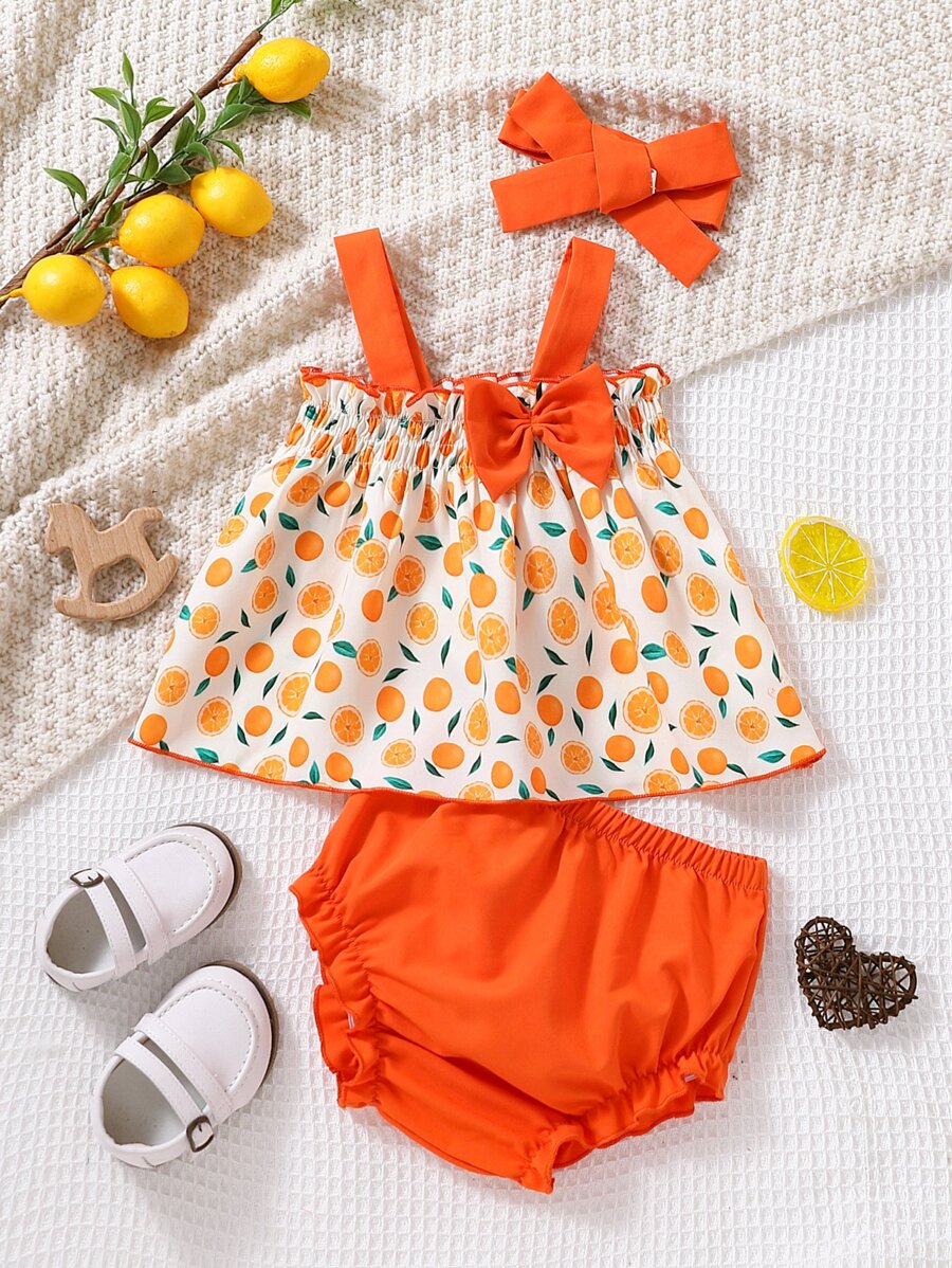SHEIN Baby Girl Lemon Print Bow Front Cami Top & Frill Trim Shorts & Headband - Multicolor - View 1
