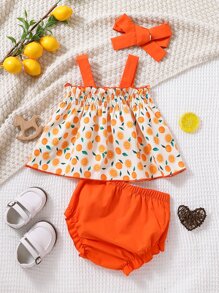 SHEIN Baby Girl Lemon Print Bow Front Cami Top & Frill Trim Shorts & Headband - Multicolor - View 2