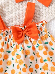 SHEIN Baby Girl Lemon Print Bow Front Cami Top & Frill Trim Shorts & Headband - Multicolor - View 3